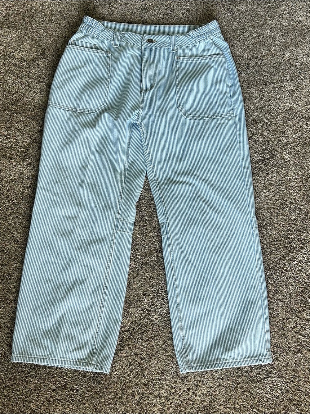 Wide Leg Striped Utility Jeans - Light Blue